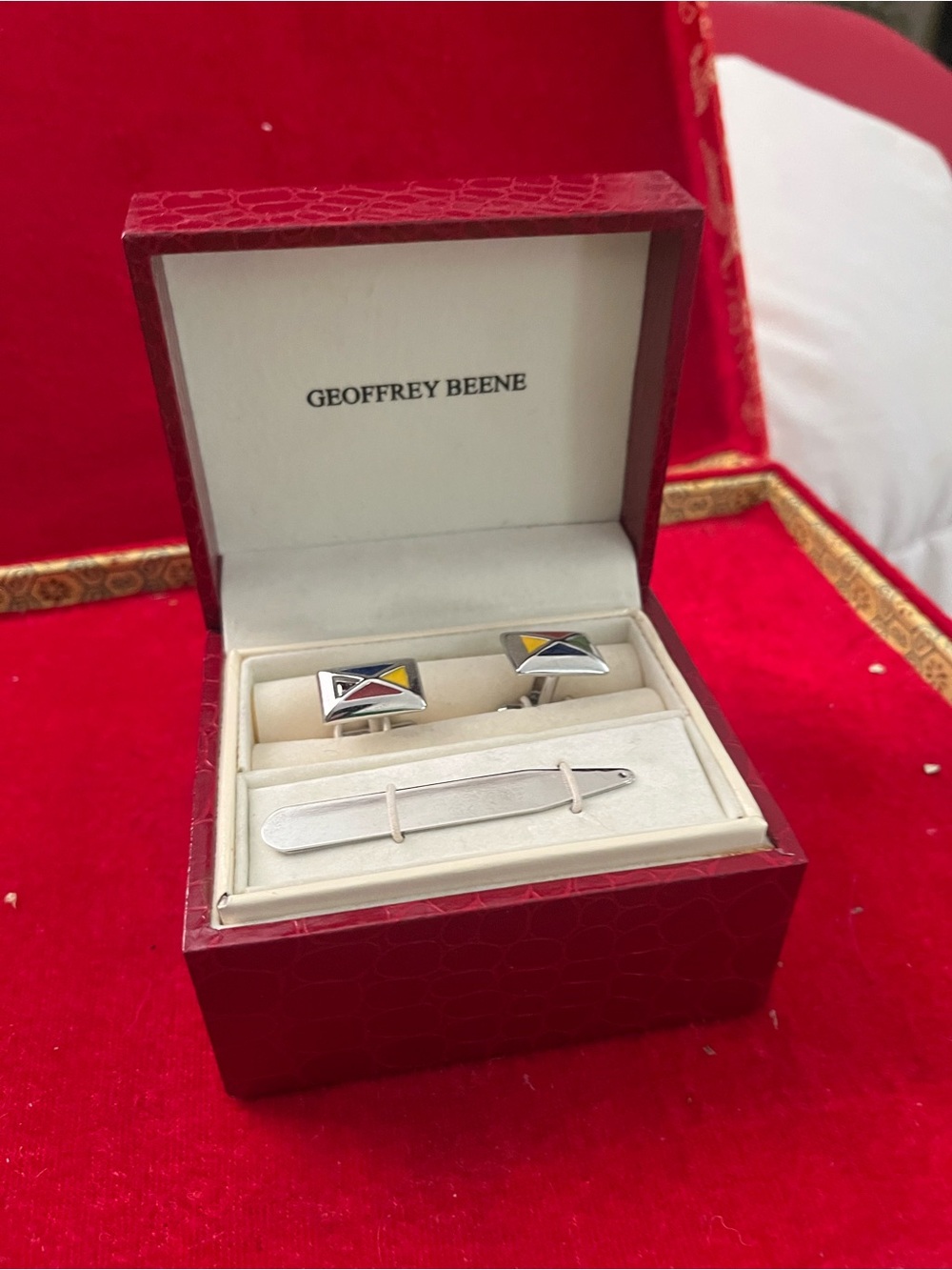 Geoffrey Beene Silver Cufflinks and Tie Bar with Red Yellow Blue Enamel